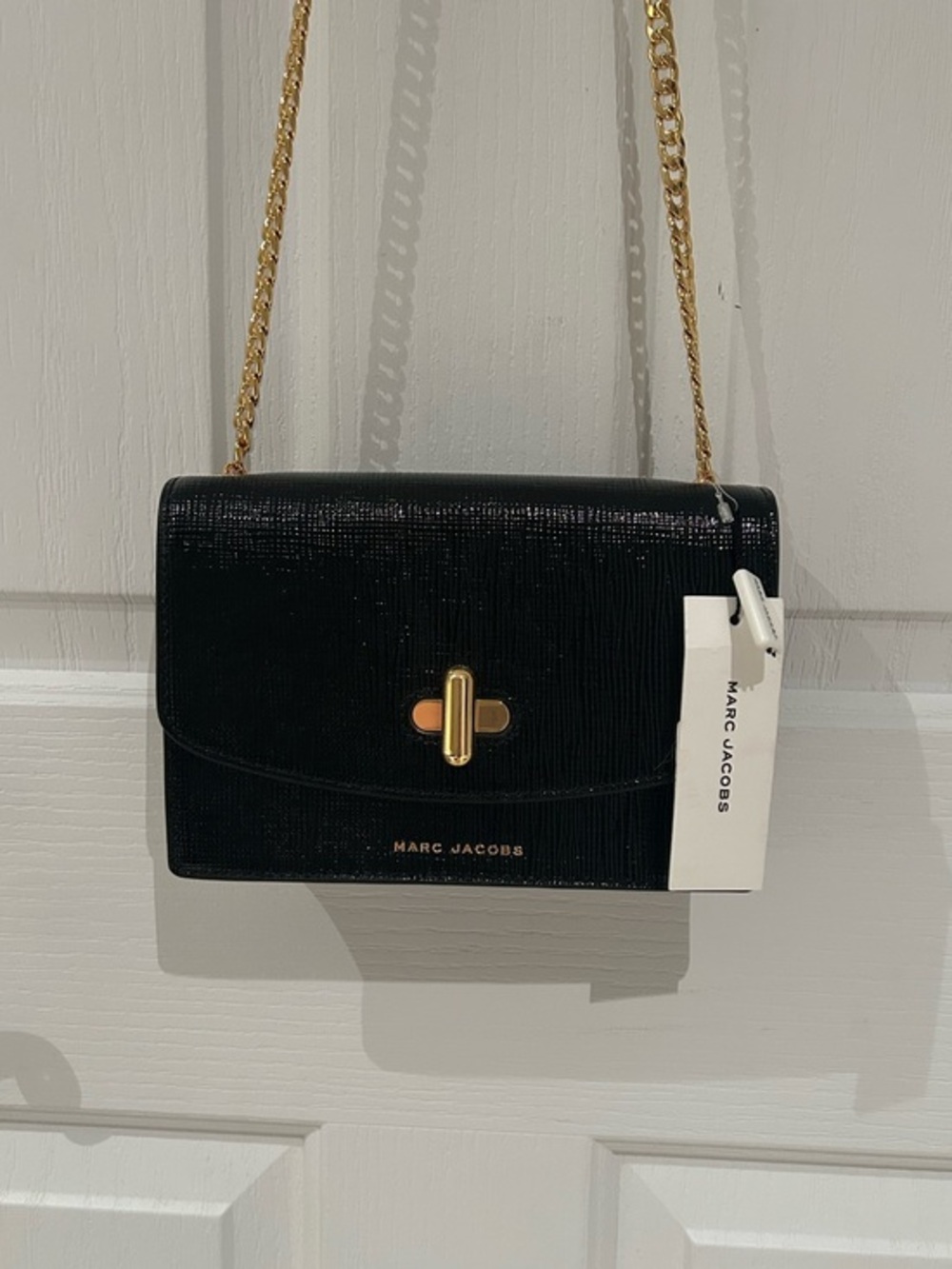NWT MARC JACOBS Women Black Textured Parent Leather Crossbody Bag Gold Accents